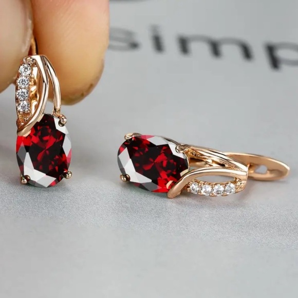 18k Gold Plated Water Drop Ruby Red Diamond Earrings
